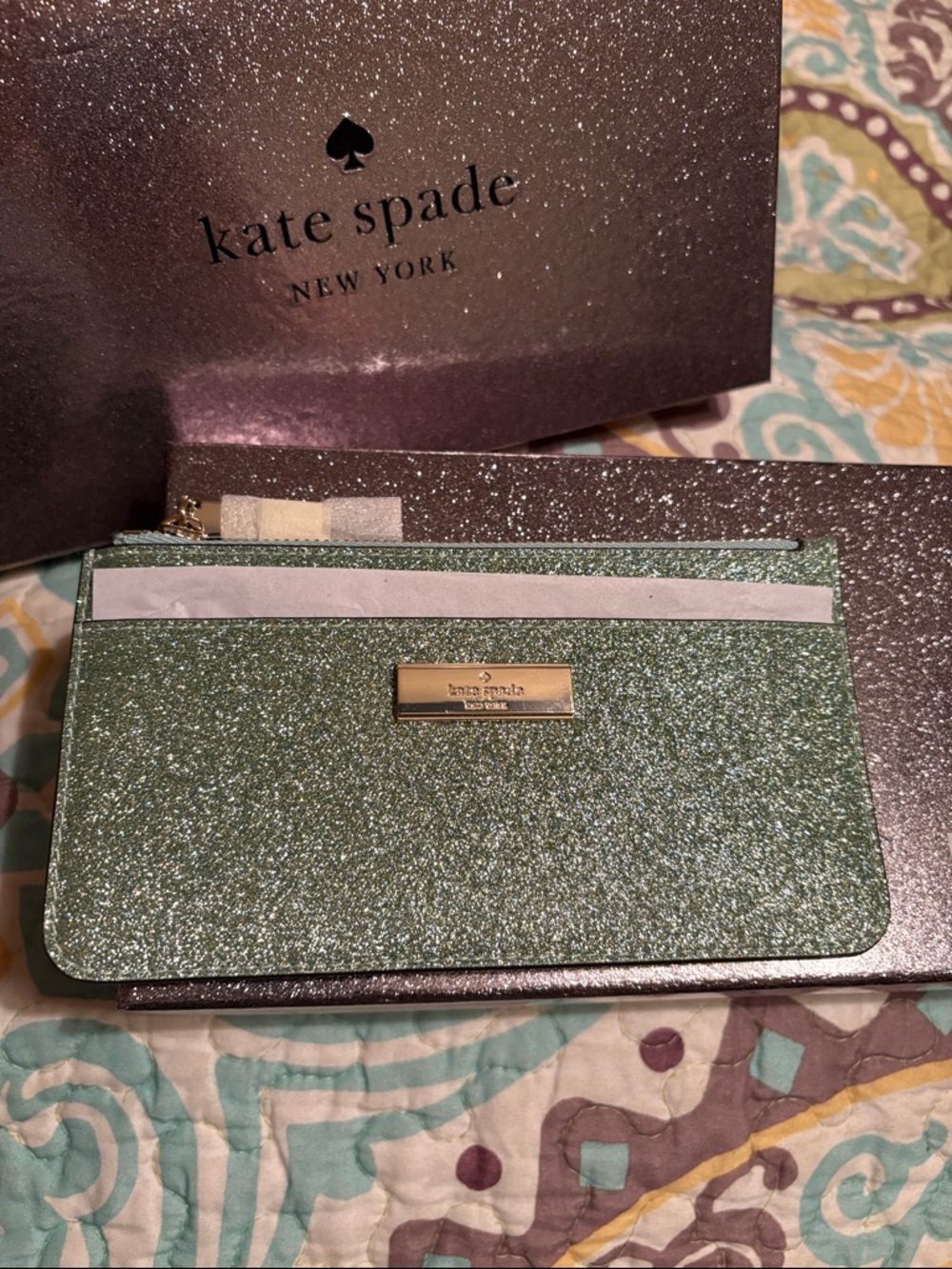 kate spade large glitter slim cardholder in seawater green in original box